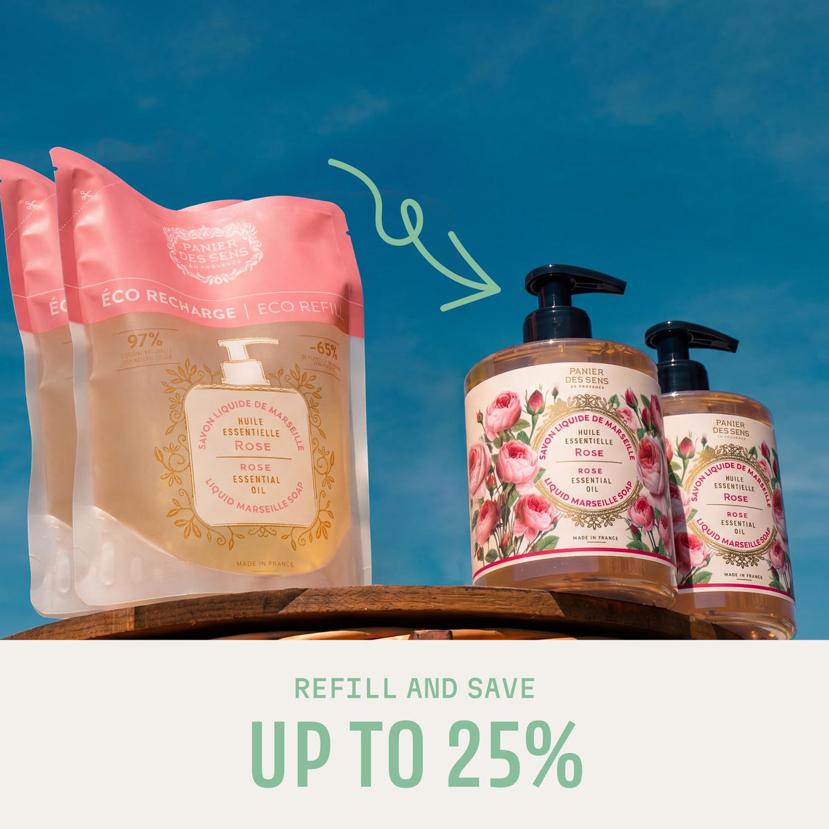 Panier des Sens Rose Liquid Hand Soap with refill bottles