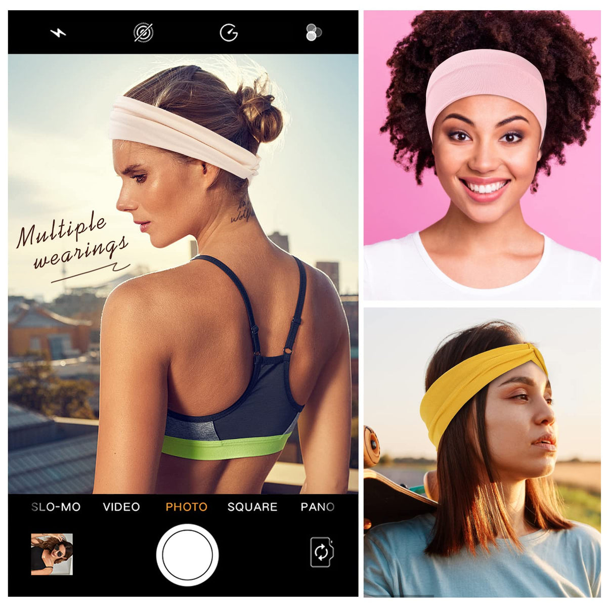 Panleding headbands worn by a model during yoga