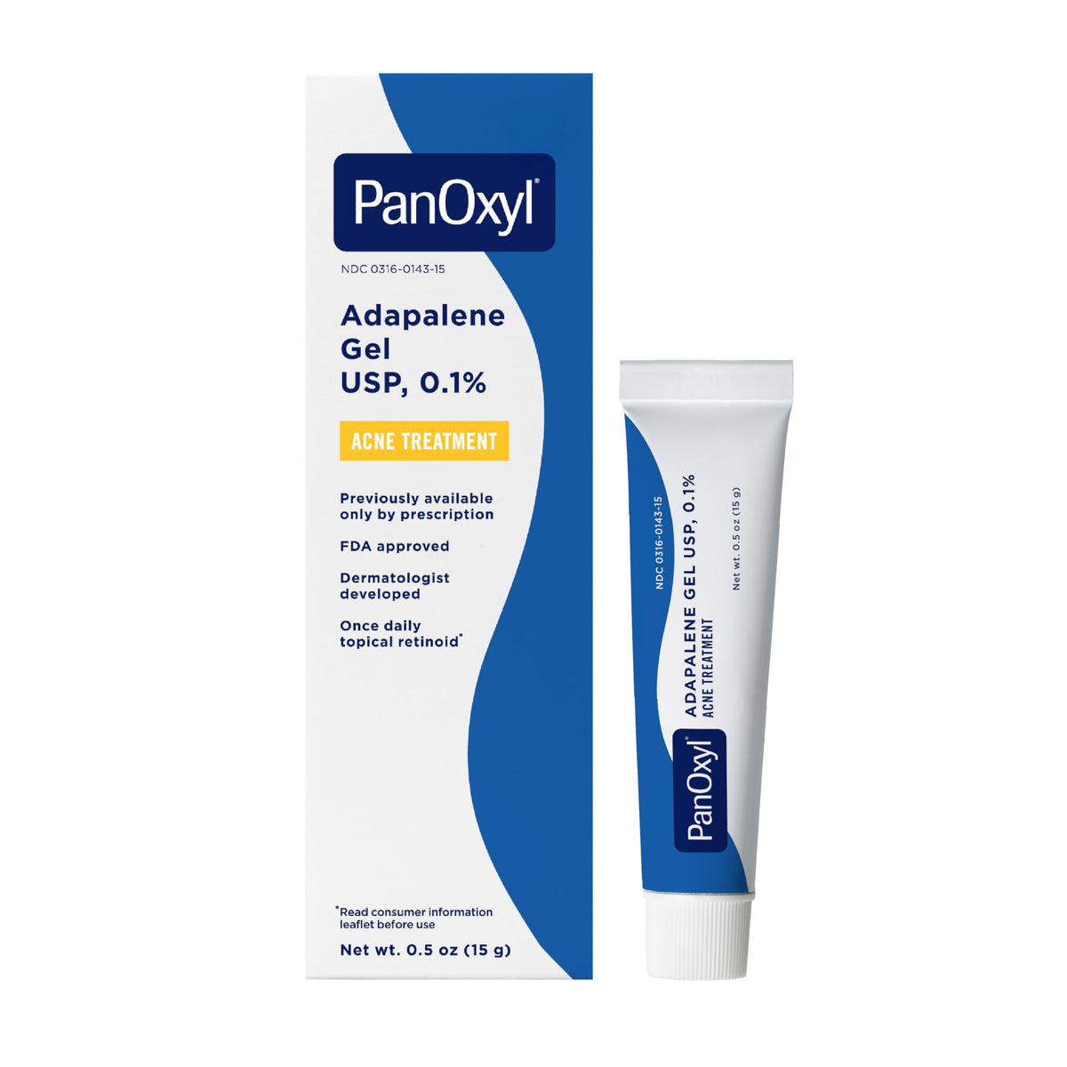 PanOxyl Adapalene 0.1% Leave-On Gel front view with packaging