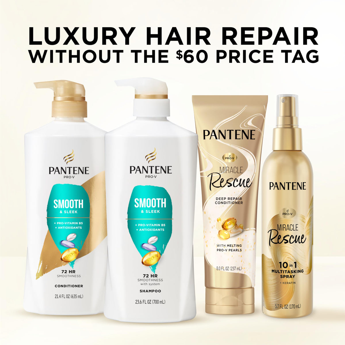 Pantene Smooth & Sleek products on a bathroom shelf