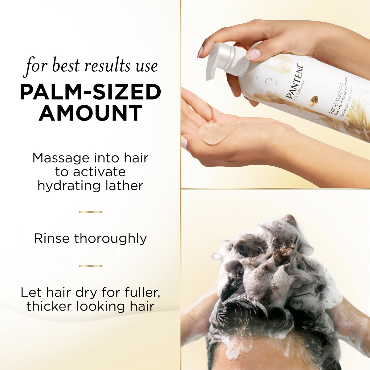Pantene Sulfate Free Shampoo with Rice Water 30 oz on bathroom shelf