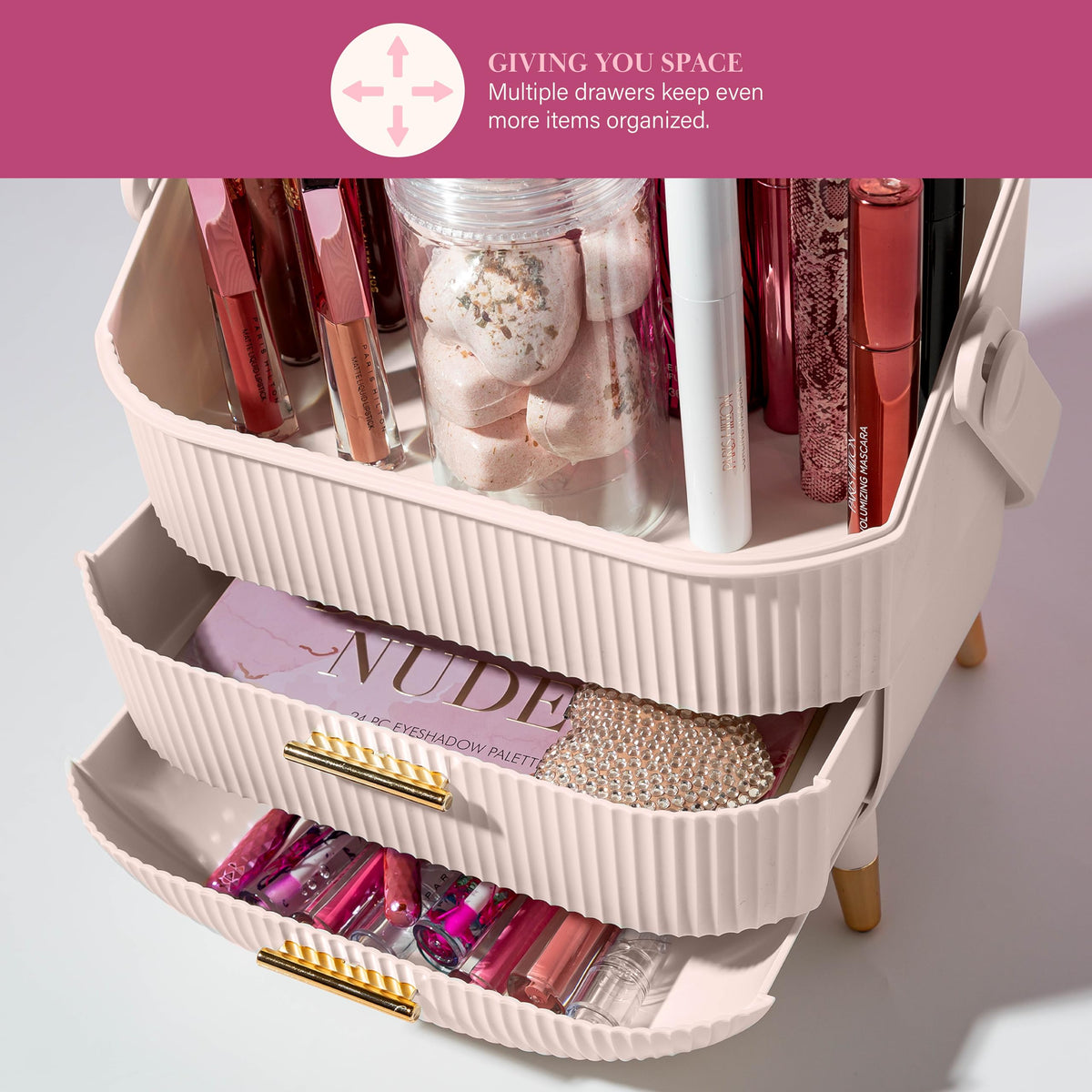 Paris Hilton Makeup Storage Organizer on a vanity