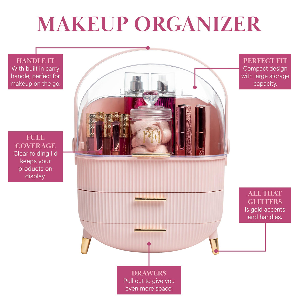 Paris Hilton Makeup Storage Organizer with fluted design and gold accents