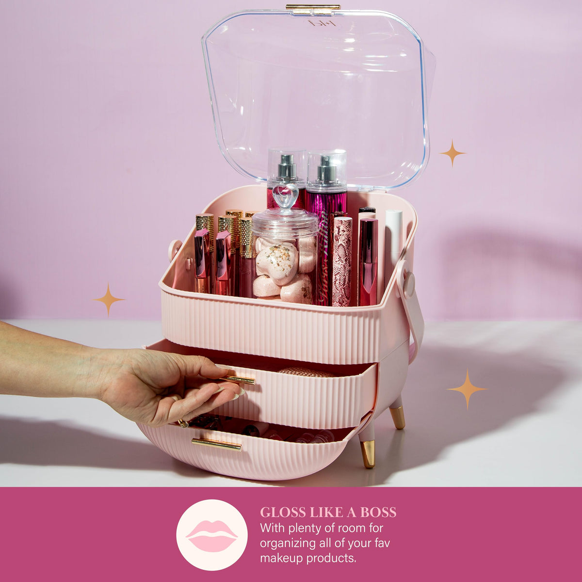 Paris Hilton Makeup Storage Organizer with open see-through lid