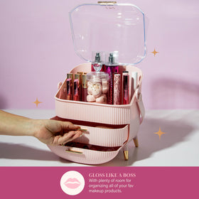 Paris Hilton Makeup Storage Organizer with open see-through lid