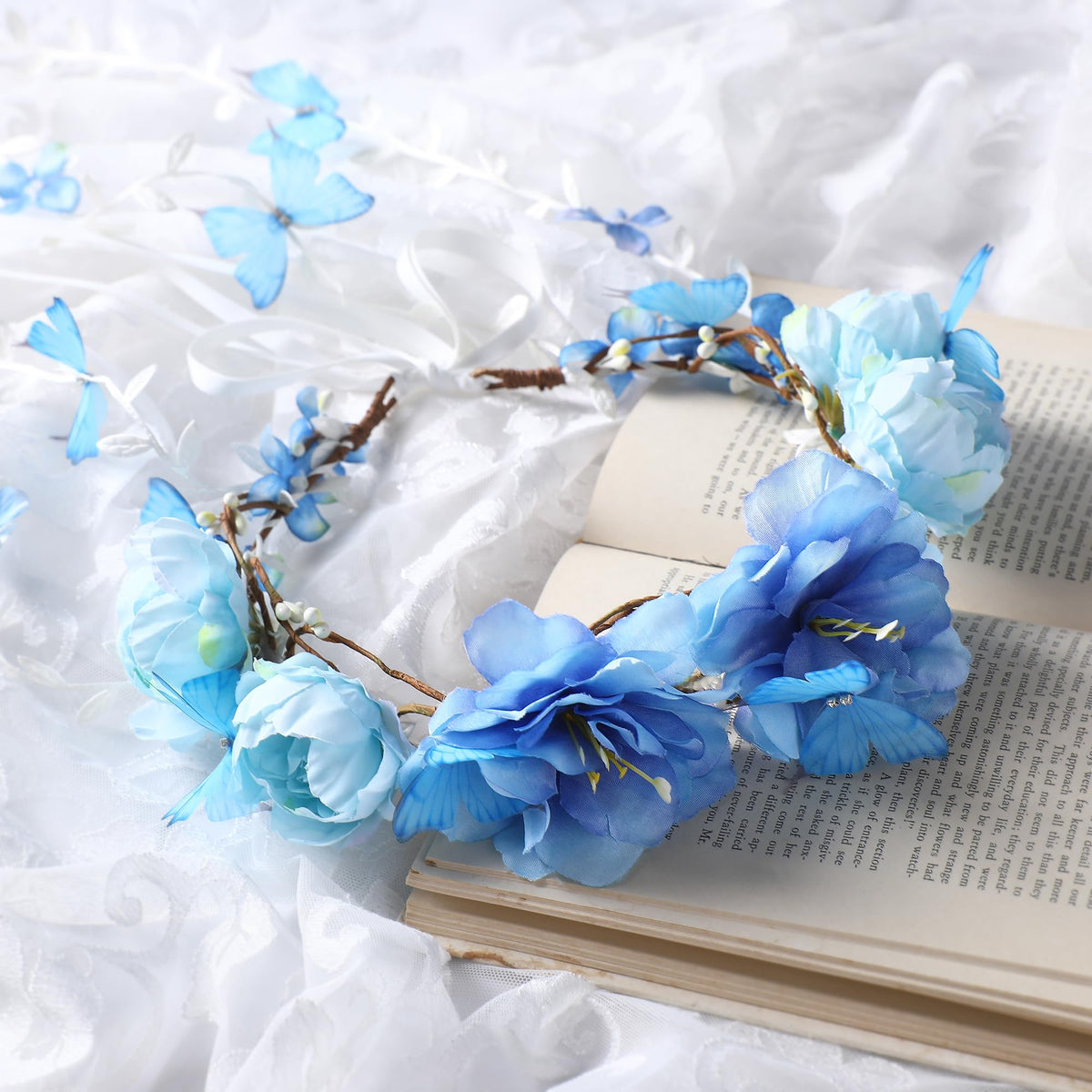 PartyforU Blue Flower Crown Headpiece close-up of flowers