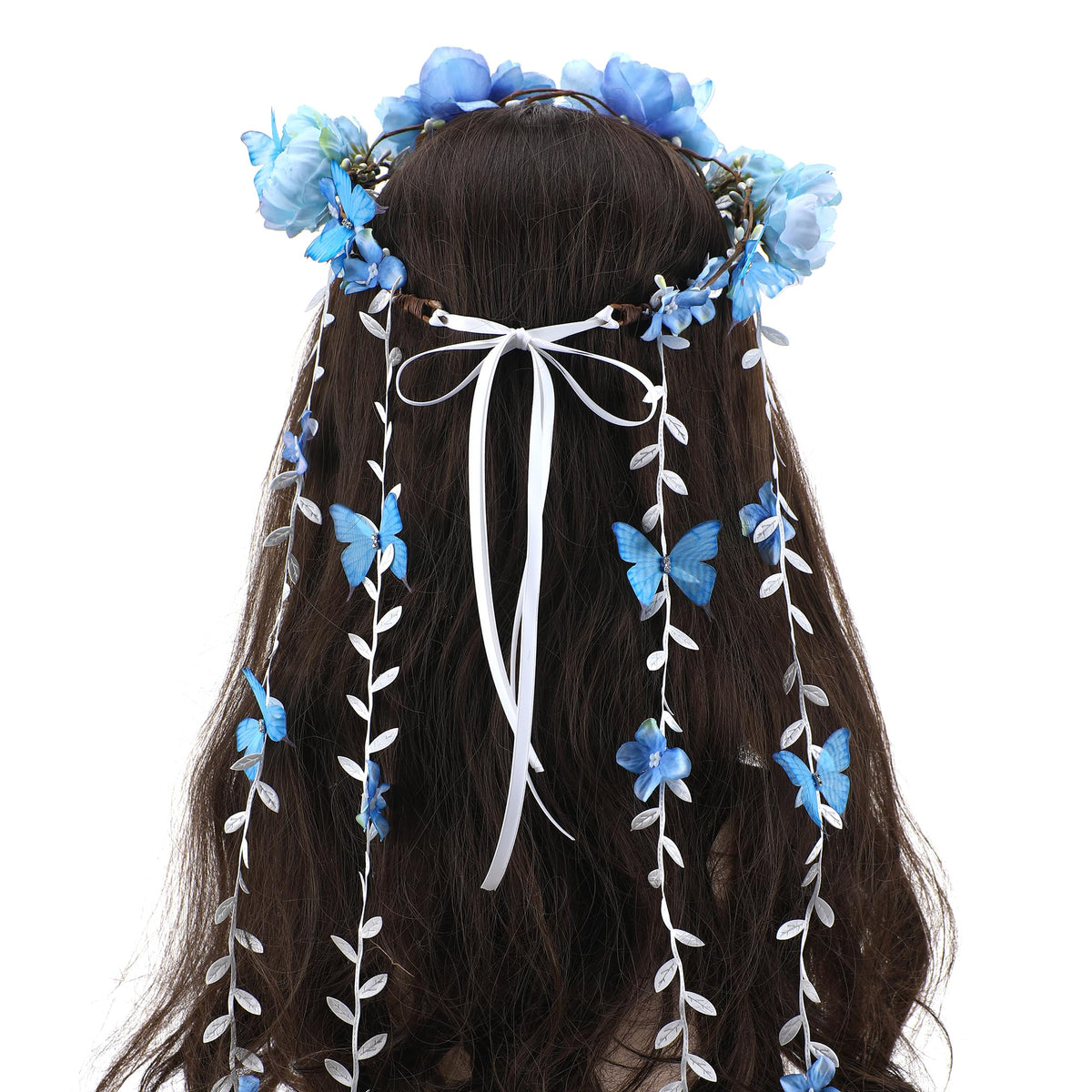 PartyforU Blue Flower Crown Headpiece front view with butterfly accents