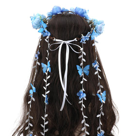 PartyforU Blue Flower Crown Headpiece front view with butterfly accents