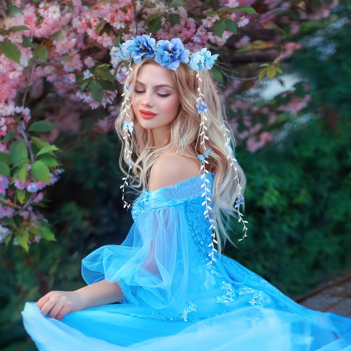 PartyforU Blue Flower Crown Headpiece side view showcasing vine design