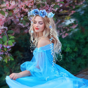 PartyforU Blue Flower Crown Headpiece side view showcasing vine design