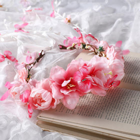 PartyforU Pink Flower Crown Headband displayed on a model