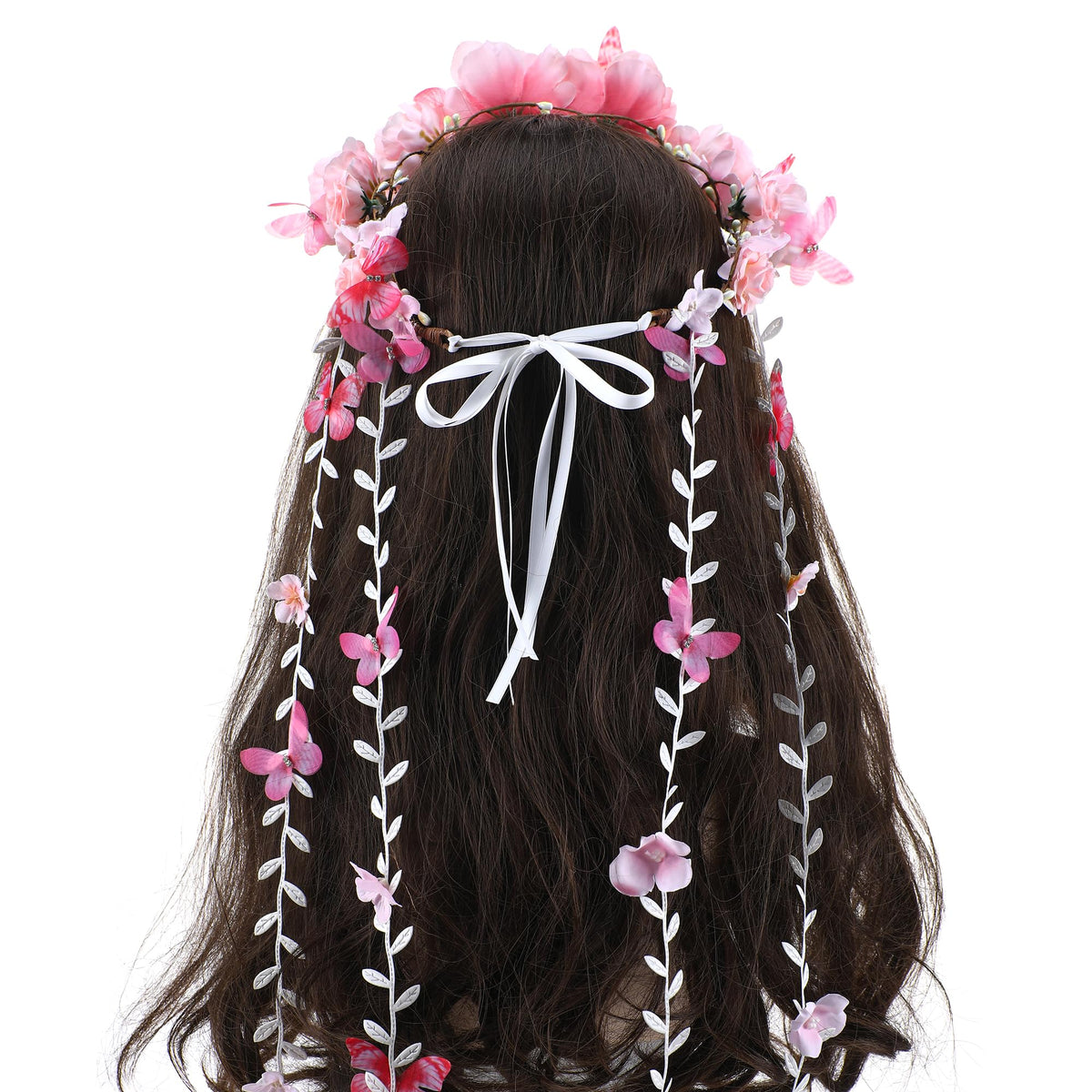 PartyforU Pink Flower Crown Headband front view with butterfly accents