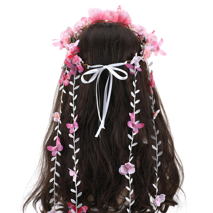 PartyforU Pink Flower Crown Headband front view with butterfly accents