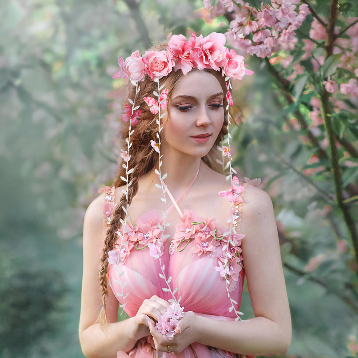 PartyforU Pink Flower Crown Headband side view showcasing vine design