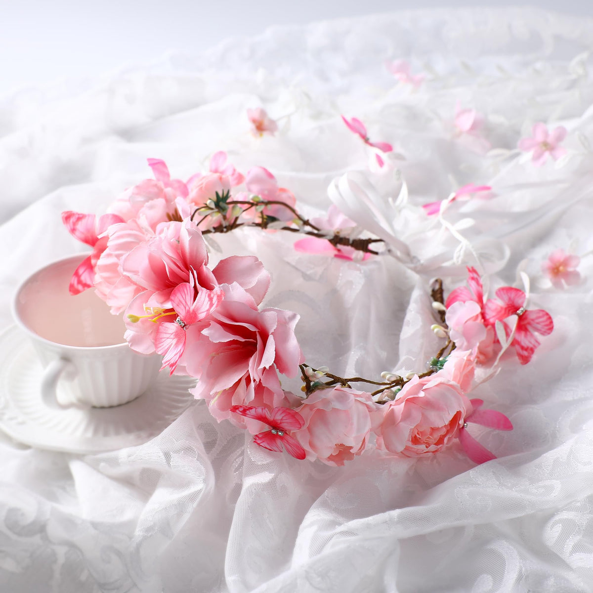 PartyforU Pink Flower Crown Headband with realistic flowers