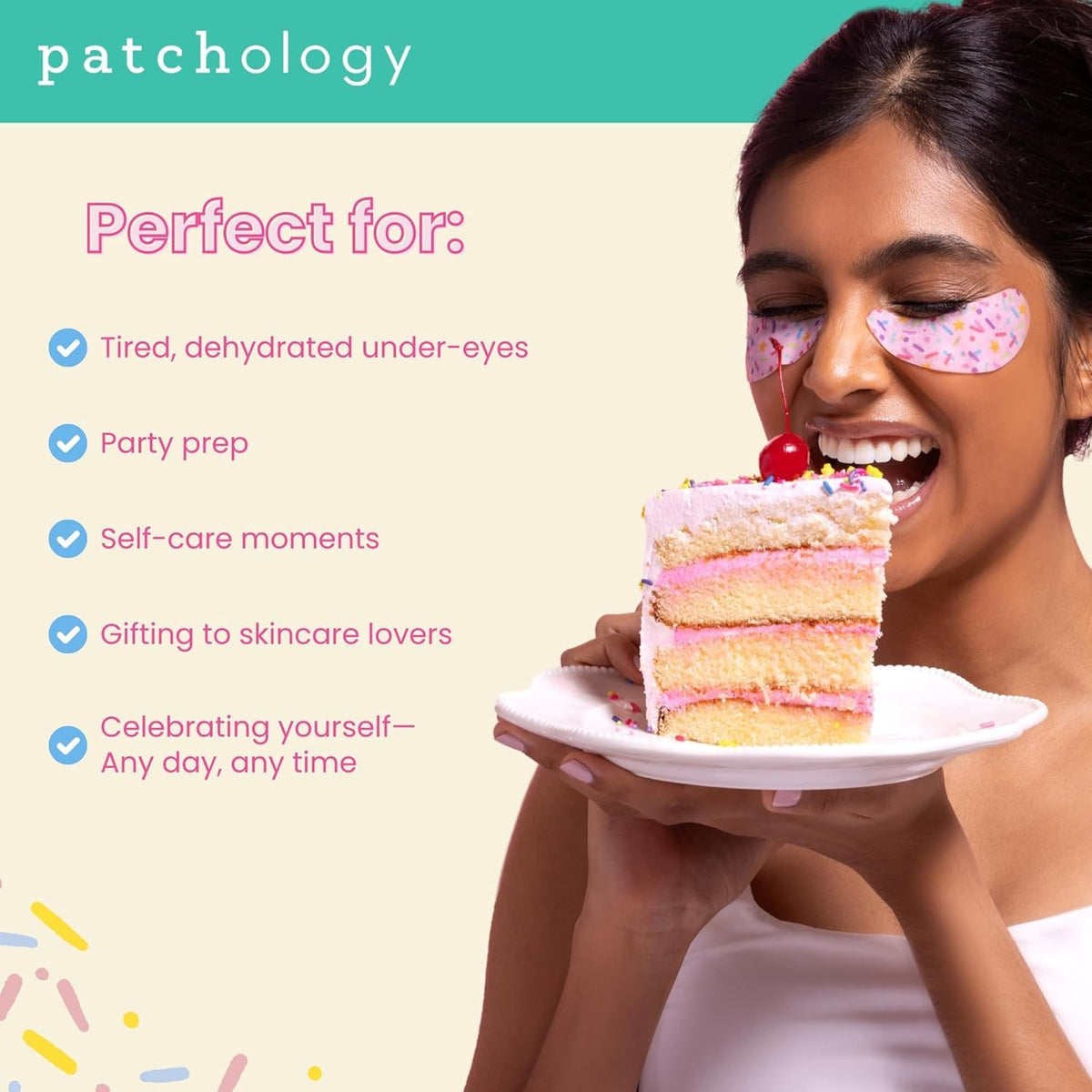 Patchology Eye Want Cake Under Eye Patches applied on a model's eyes