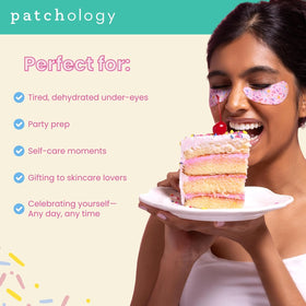 Patchology Eye Want Cake Under Eye Patches applied on a model's eyes