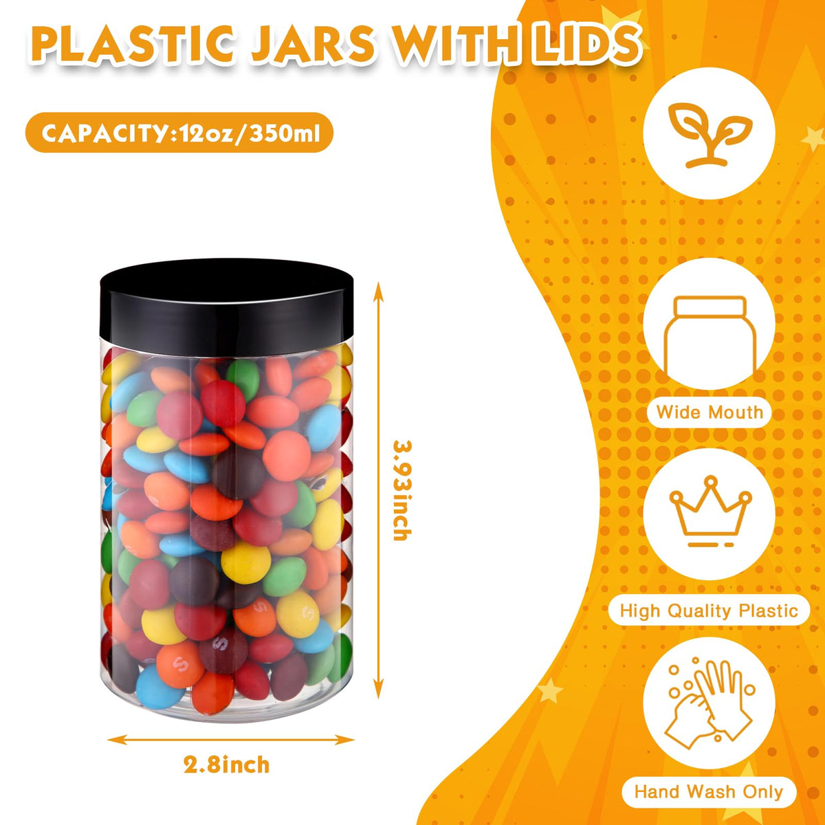 Patelai 12 oz plastic jar with black lid, side view