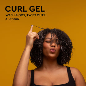 PATTERN Curl Gel 9.8 fl oz with a model showcasing defined curls