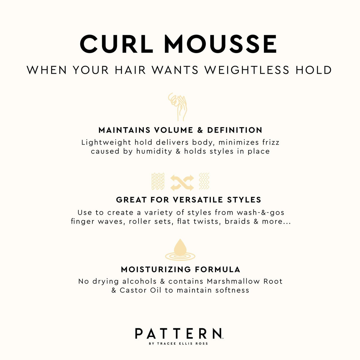 PATTERN Curl Mousse 8 fl oz on a vanity with hair tools