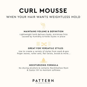 PATTERN Curl Mousse 8 fl oz on a vanity with hair tools