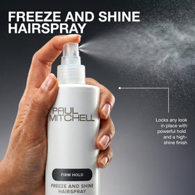 Paul Mitchell Freeze and Shine Hairspray in a bathroom setting