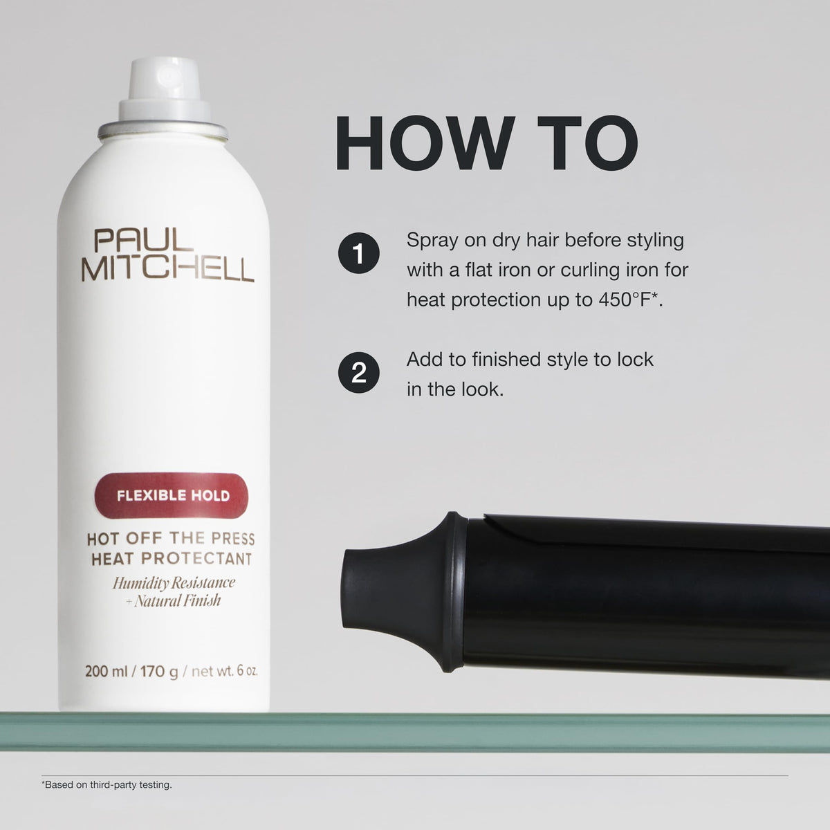 Paul Mitchell Hot Off The Press Heat Protectant on a bathroom counter