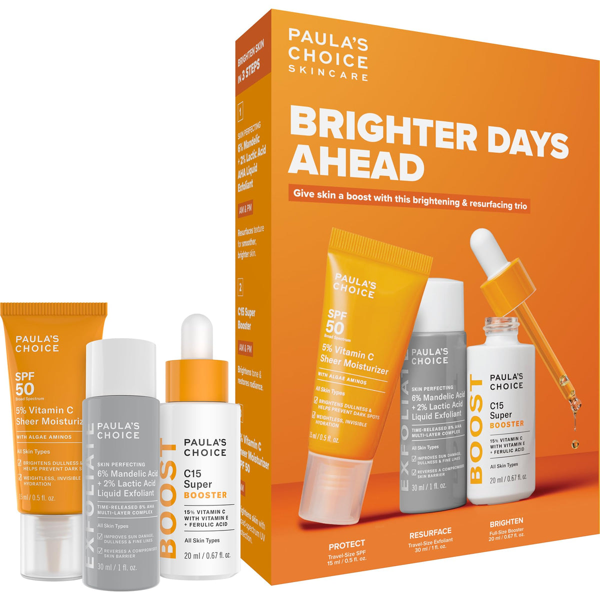 Paula's Choice Brighter Days Ahead Kit front view with SPF 50, AHA exfoliant, and vitamin C serum