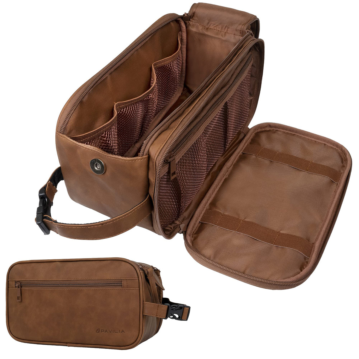 PAVILIA Brown Toiletry Bag front view with dual zippers
