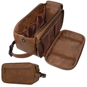 PAVILIA Brown Toiletry Bag front view with dual zippers