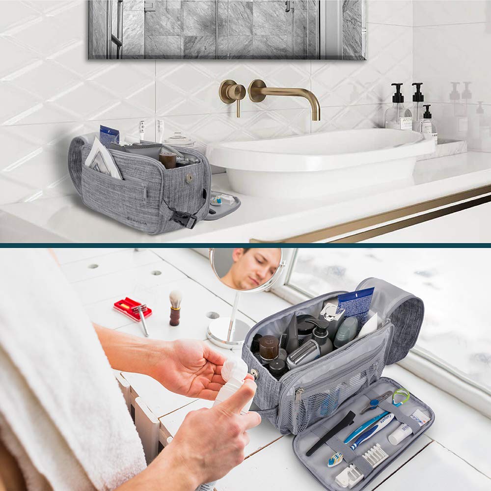 PAVILIA Toiletry Bag hanging from a bathroom hook