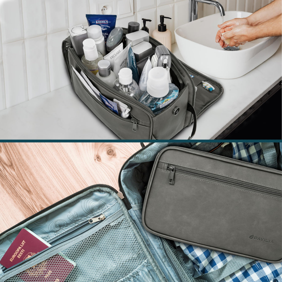 PAVILIA Toiletry Bag hanging in a bathroom