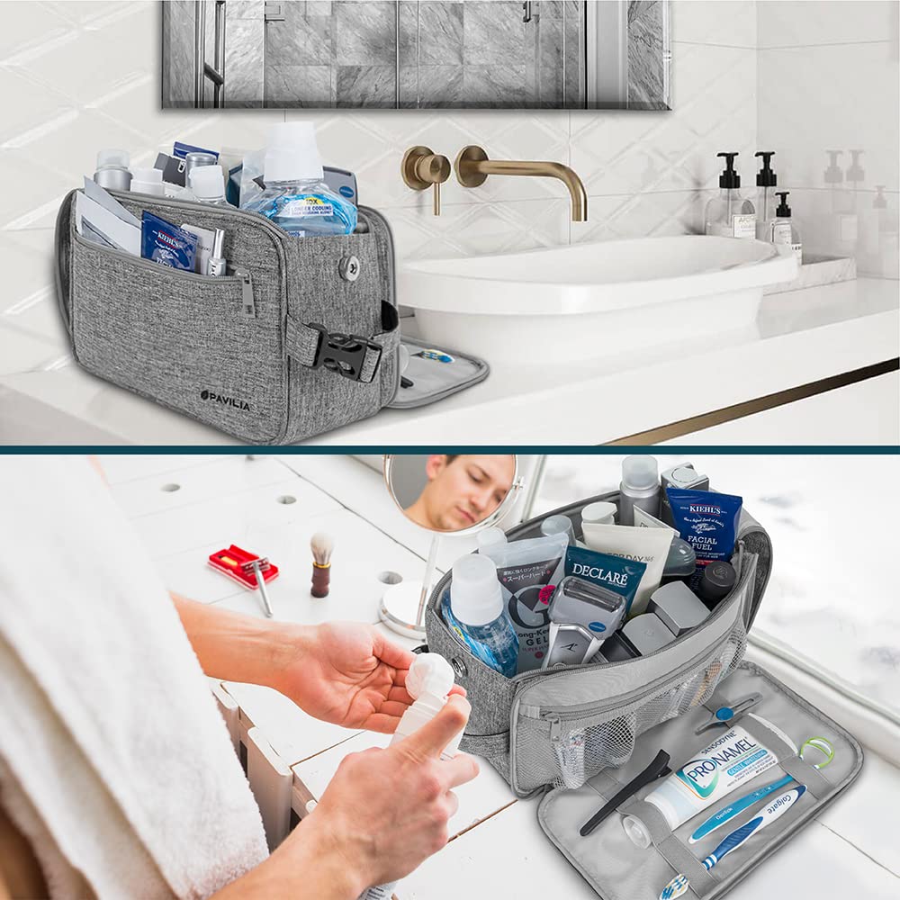 PAVILIA toiletry bag in use hanging in a bathroom