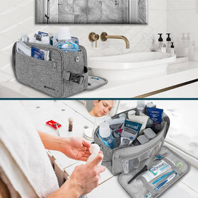 PAVILIA toiletry bag in use hanging in a bathroom