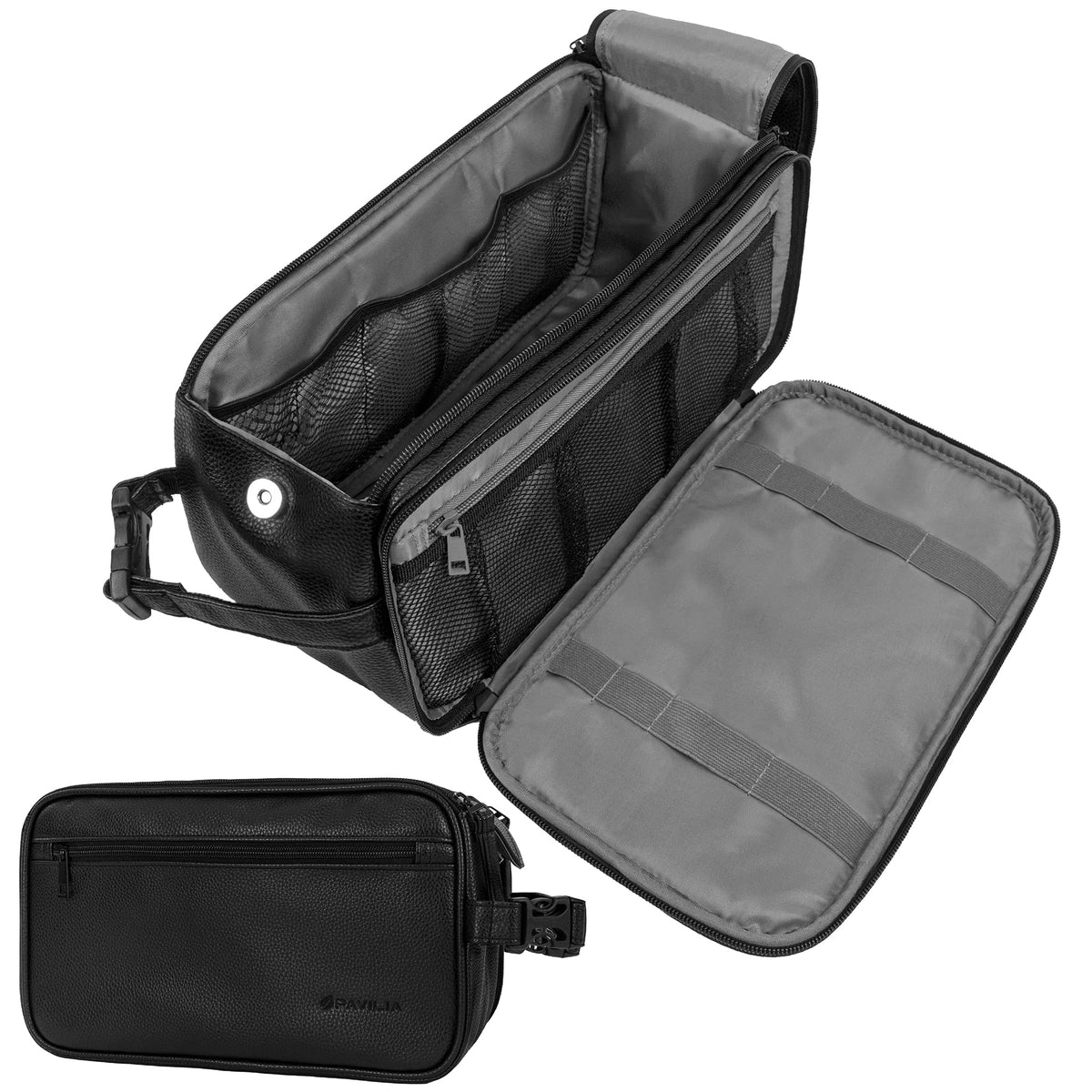 PAVILIA XL Black Toiletry Bag front view with double zipper