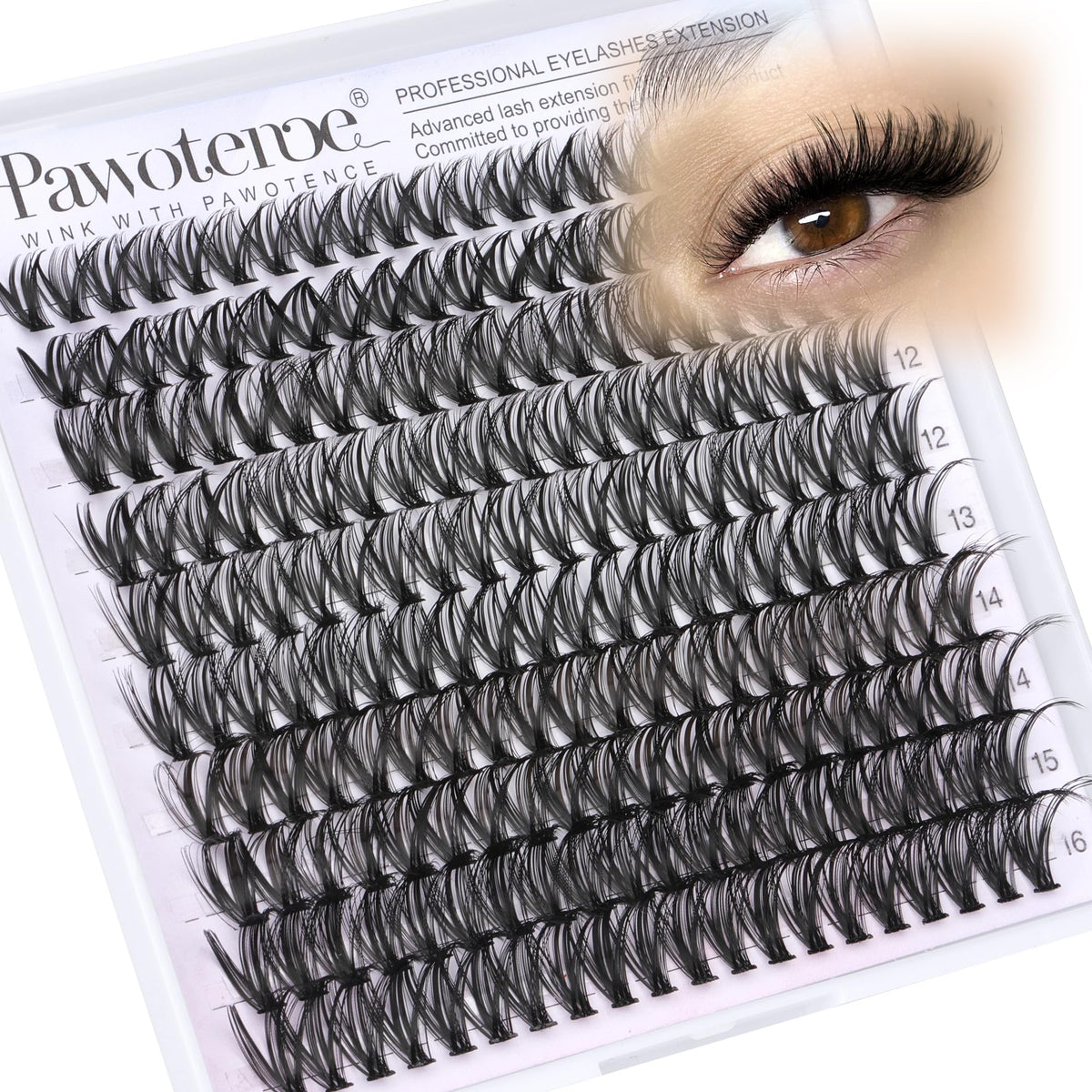 Pawotence Lash Clusters 200pcs front view with various lash lengths