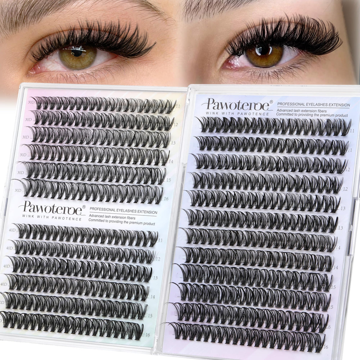 Pawotence Lash Clusters 480pcs front view with various lash lengths