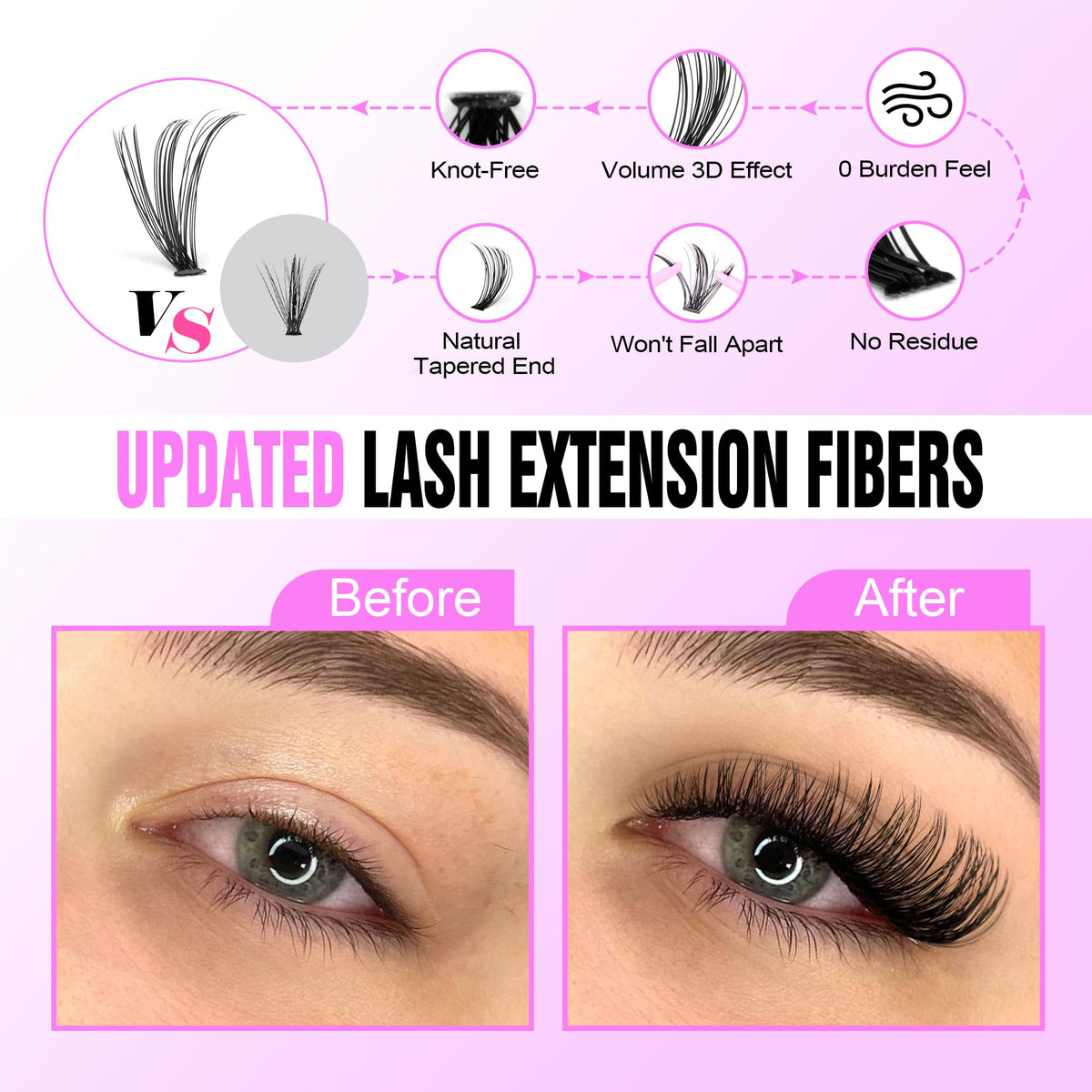 Pawotence lash clusters in various lengths displayed