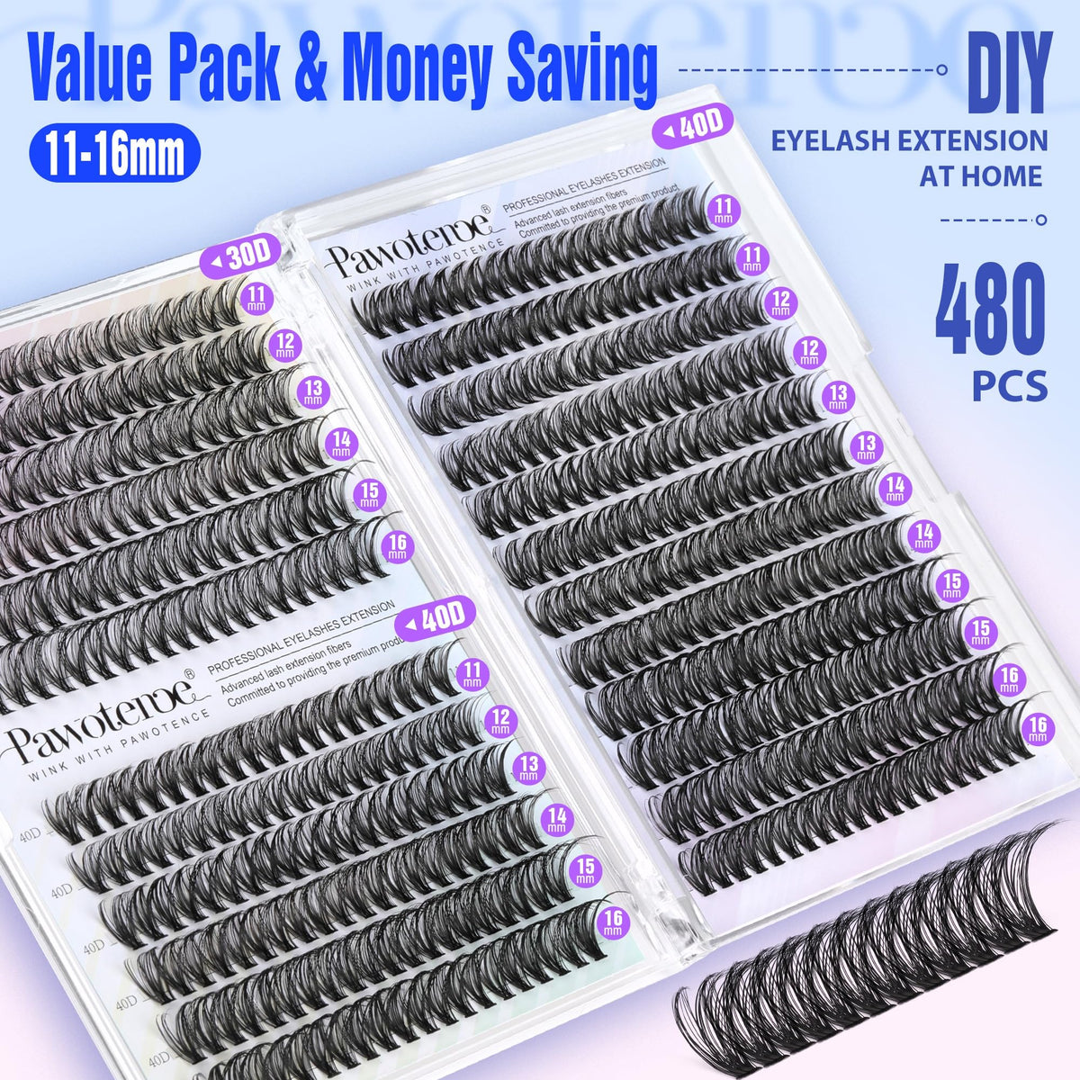 Pawotence Lash Clusters packaging showing 30D and 40D options