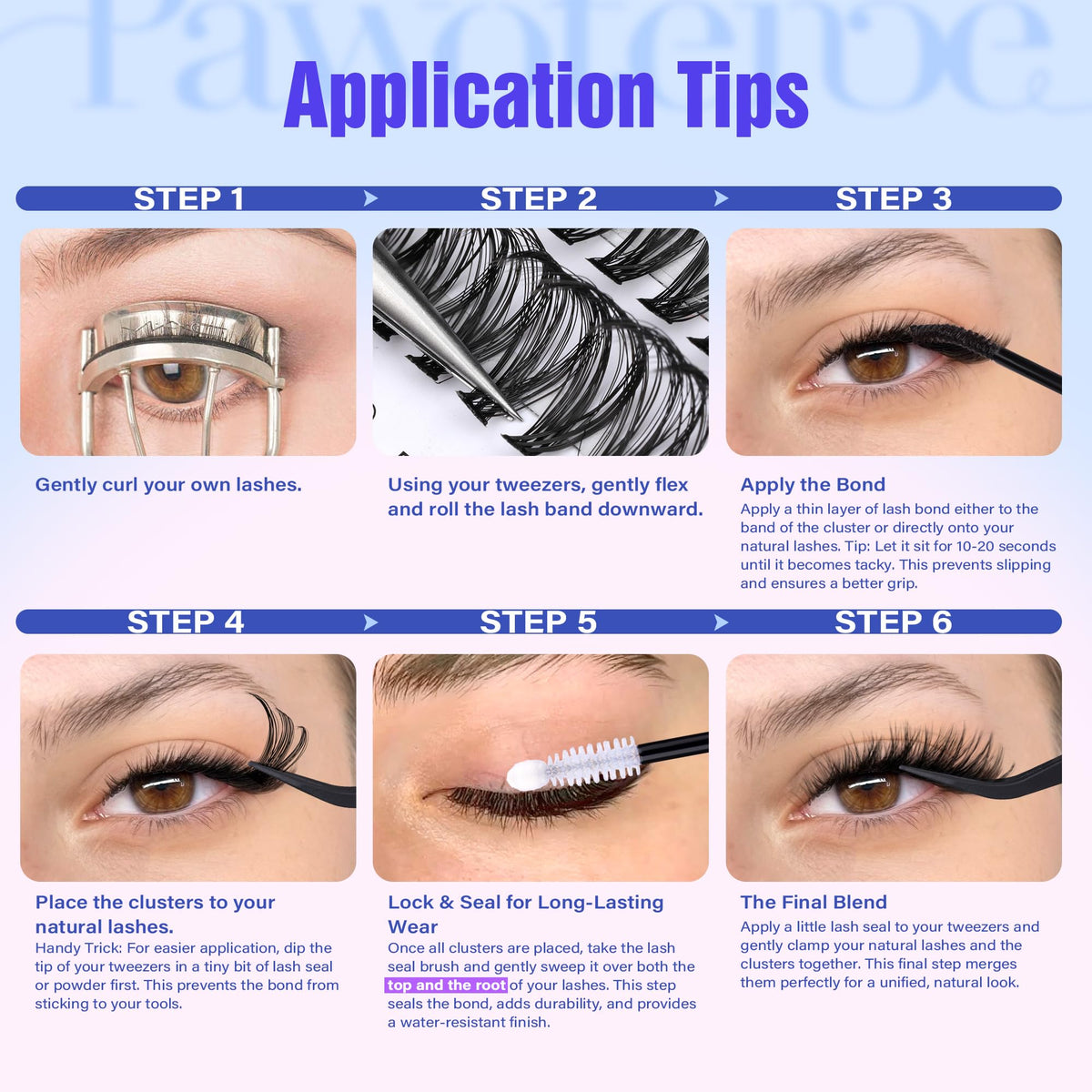 Pawotence Lash Clusters with a variety of lash styles laid out