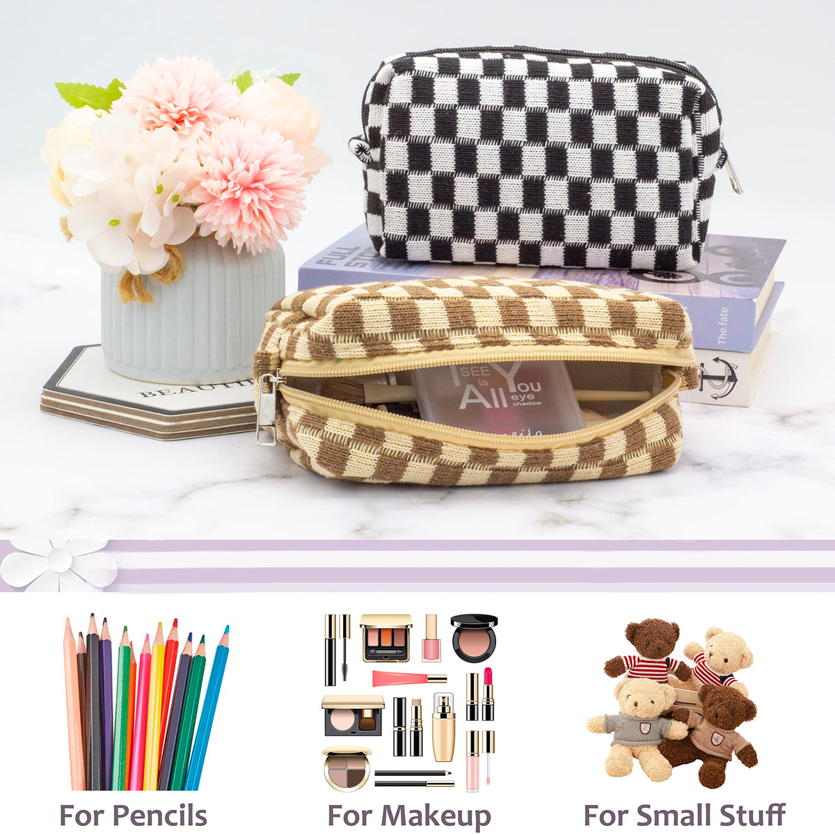 PAZIMIIK Checkered Makeup Bag 6 pack arrangement