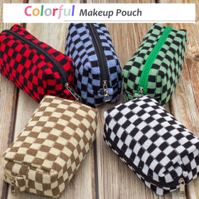 PAZIMIIK Checkered Makeup Bag displayed with accessories