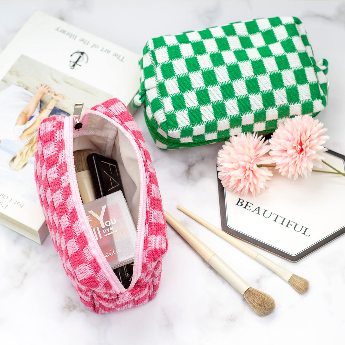 PAZIMIIK Checkered Makeup Bag displayed with accessories