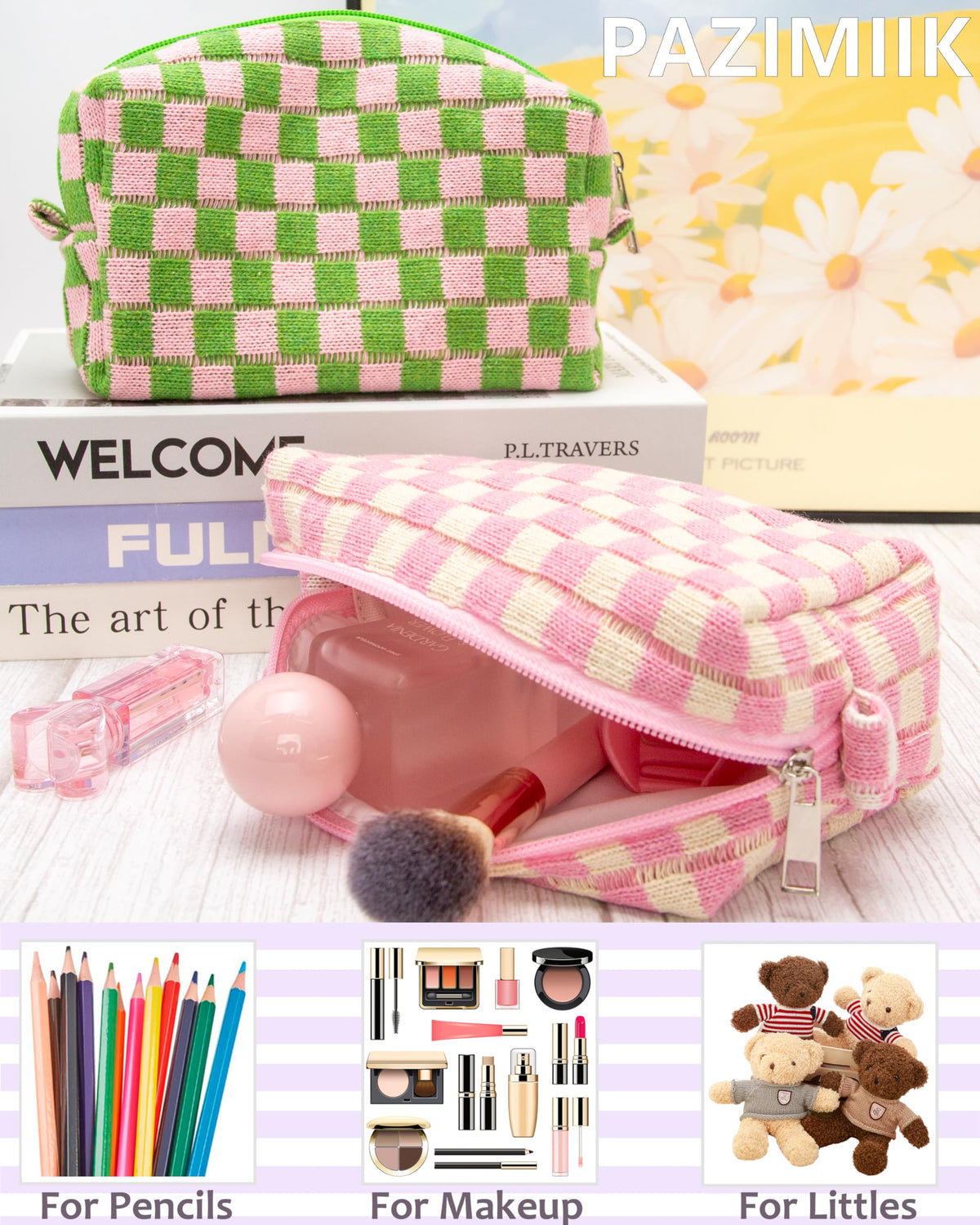 PAZIMIIK Checkered Makeup Bag displayed with other beauty accessories