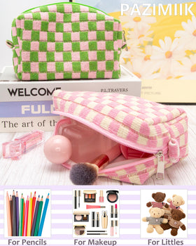 PAZIMIIK Checkered Makeup Bag displayed with other beauty accessories