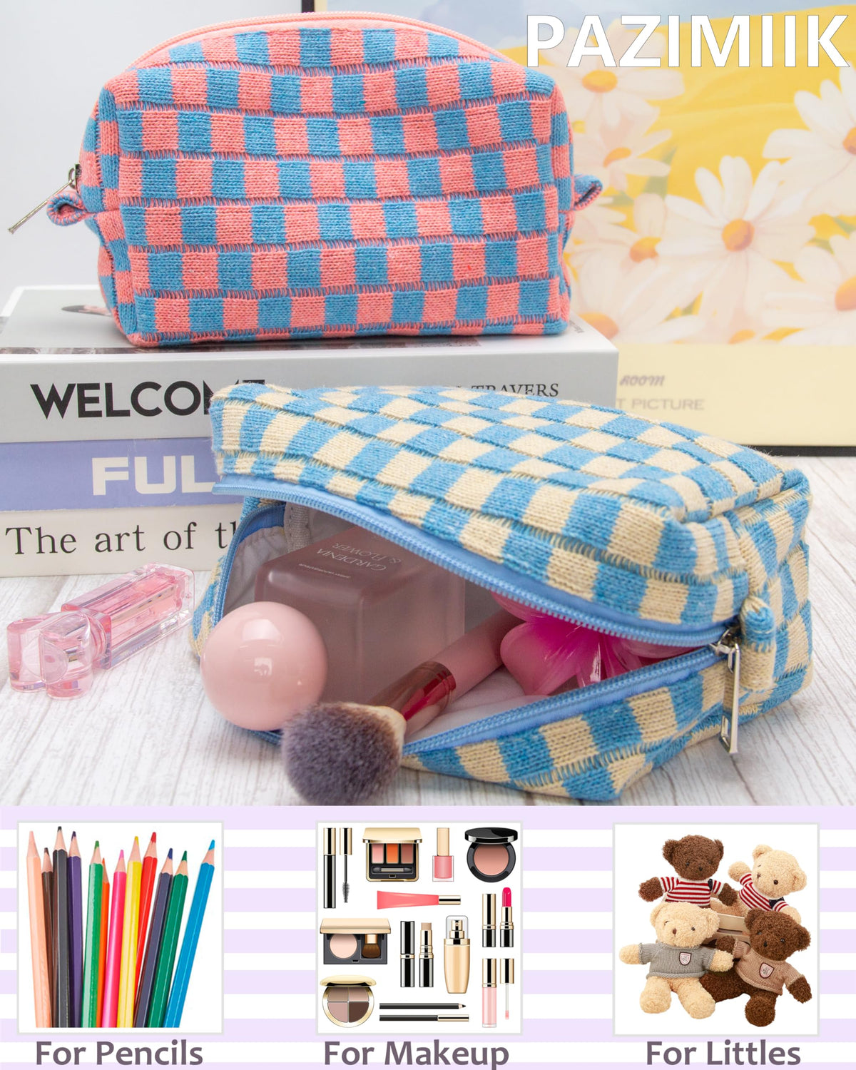 PAZIMIIK Checkered Makeup Bag in a purse