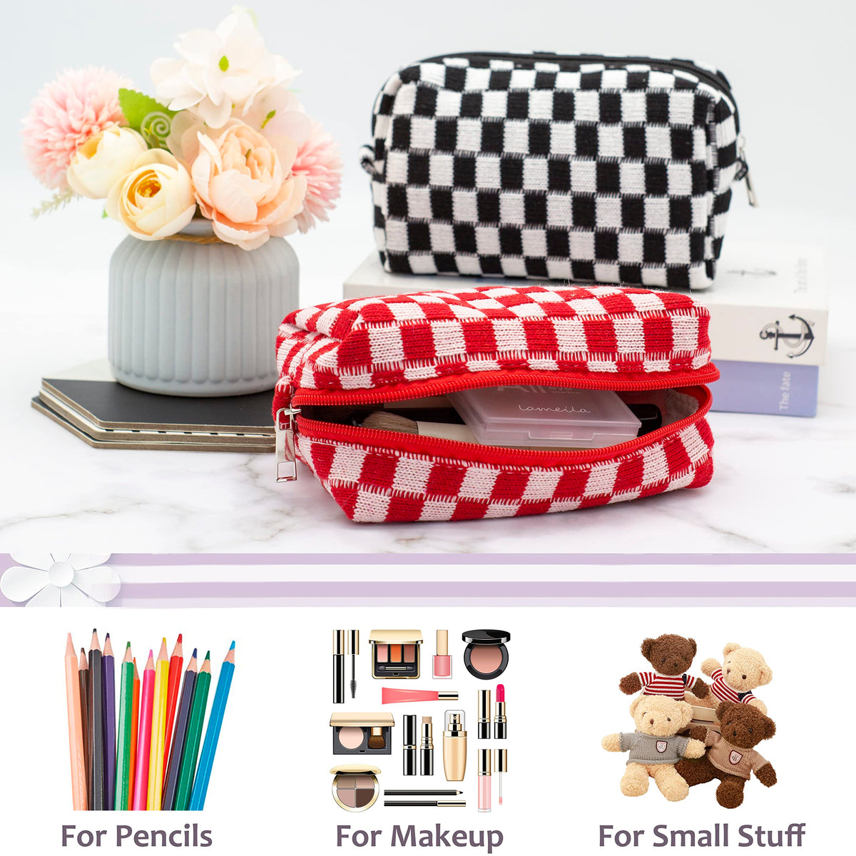 PAZIMIIK Checkered Makeup Bag in a tote bag