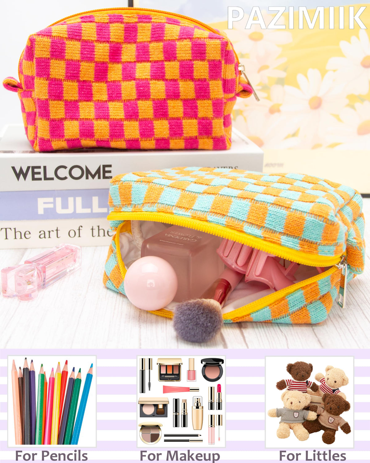 PAZIMIIK Checkered Makeup Bag in a tote bag