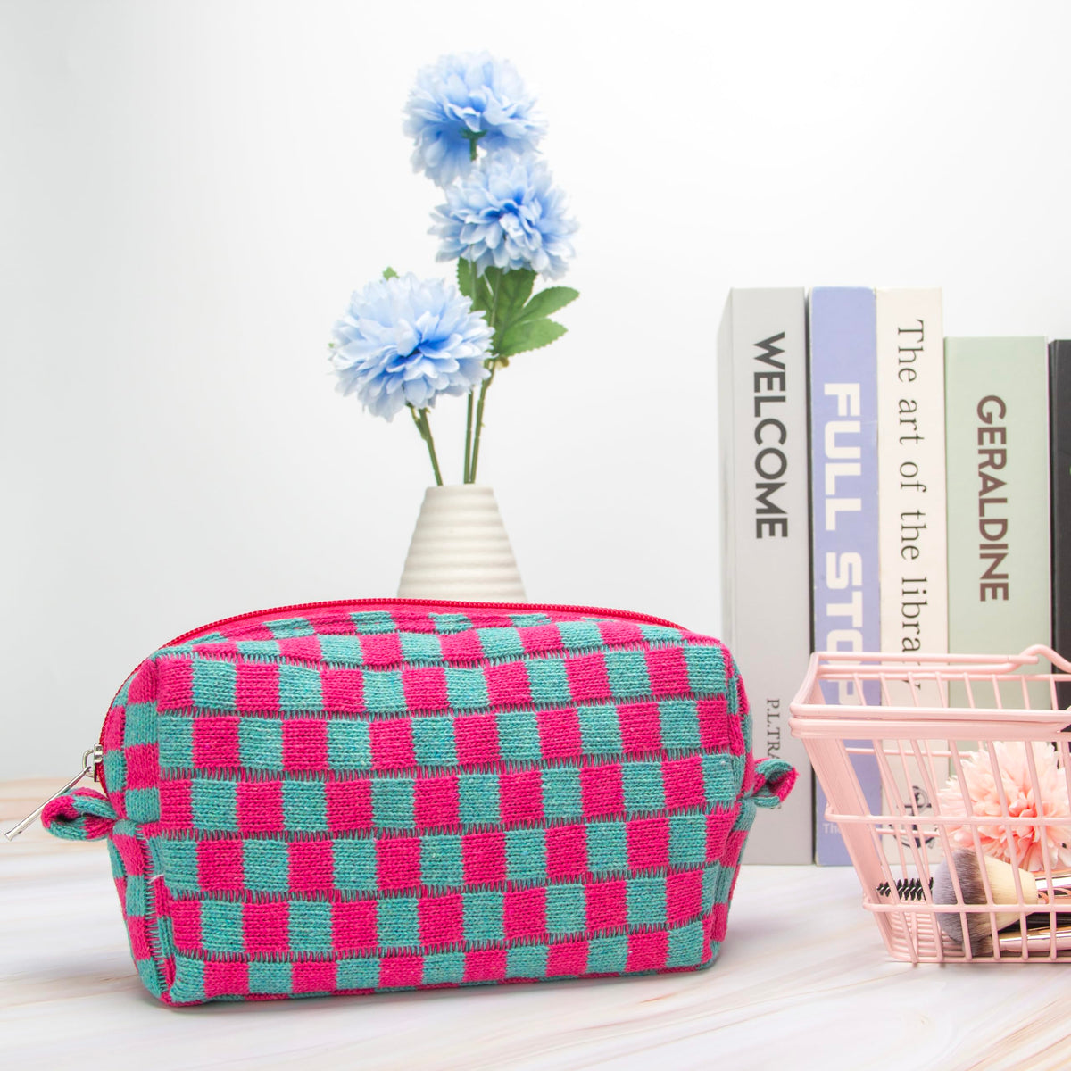 PAZIMIIK Checkered Makeup Bag in a travel setting