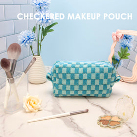 PAZIMIIK Checkered Makeup Bag lake blue lifestyle scene